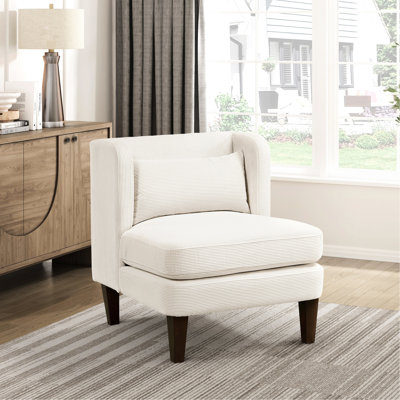 Fauteuil d'appoint beige avec structure en contreplaqué et coussin de revêtement en velours côtelé rembourré de mousse haute pour la décoration intérieure