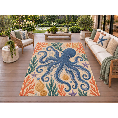 Tapis d'extérieur 5' x 7' Octopus, épais, solide, imperméable, en PVC bouclé, tapis de patio robuste, tapis intérieur/extérieur à séchage rapide pour porche, terrasse, balcon, entrée, camping-car.