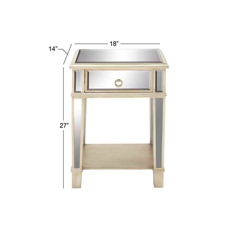 Beige Mirrored Fir Wood Accent Table with Storage