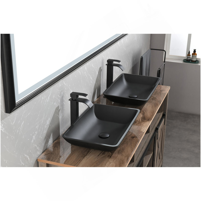 Matte Shell  Glass Rectangular Vessel Bathroom Sink In Black With  Faucet And Pop-Up Drain In Matte Black