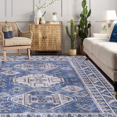 Tapis rectangulaire bleu en polyester tressé à la machine Southwestern