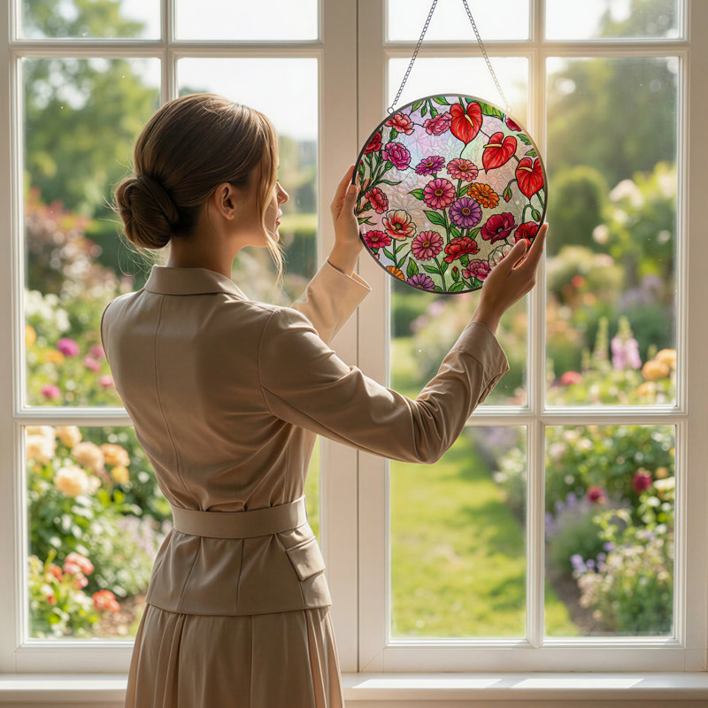 7.8"H Floral Pattern Stained Glass Window Panel, 7.8" H x 7.8" W