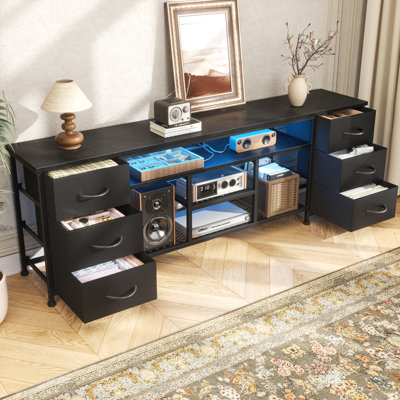 Meuble télé moderne pour les téléviseurs plus haut, centre de divertissement à DEL avec prises de courant et 6 tiroirs, console multimédia avec rangement pour le salon