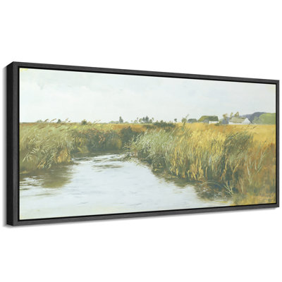 Peaceful Countryside River with Golden Fields Rural Landscape Wall Decor Extra Large Pictures Framed Canvas Print Wall Art