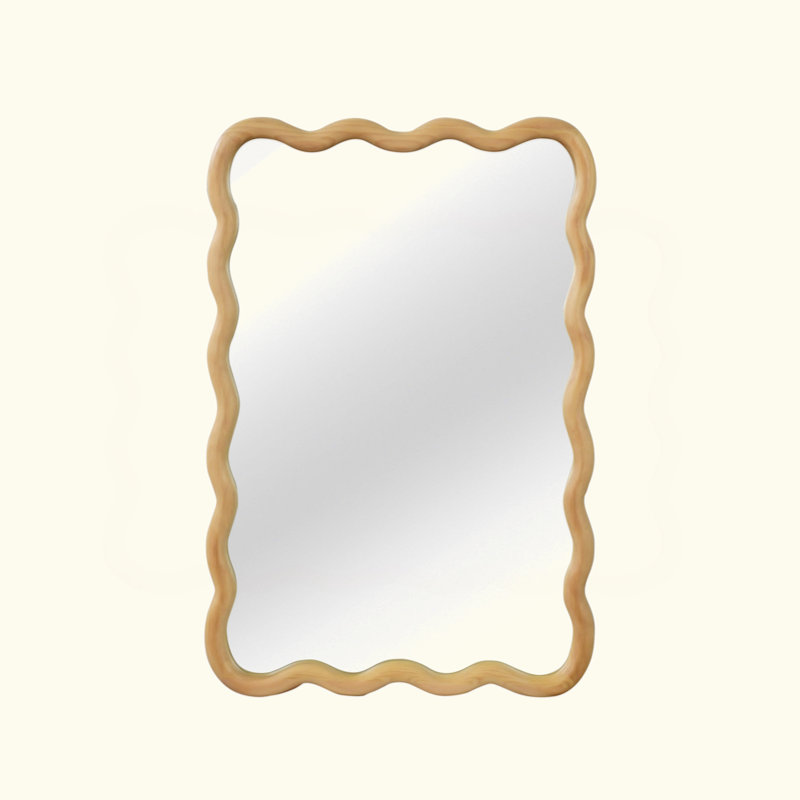 Wavy Rectangle Solid Wood Frame Decorative Mirror,For Bedroom, Bathroom, Living Room, Entryway, 30" x 20", Oak