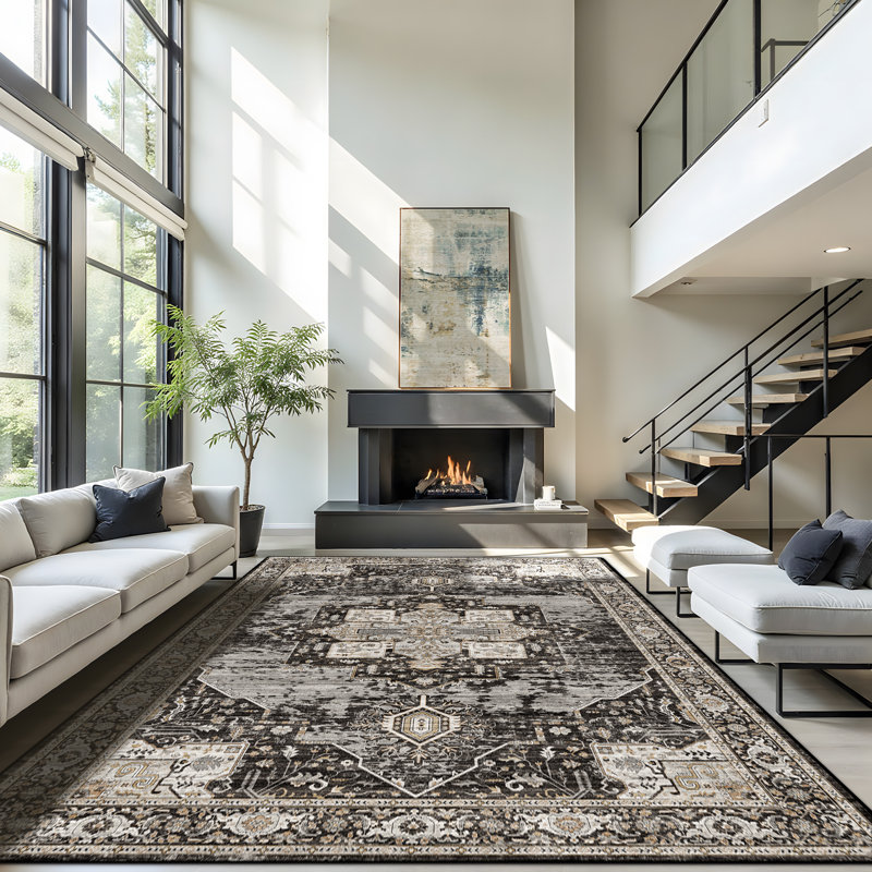 Washable 10x14 Area Rug - Soft Area Rugs for Living Room Stain Resistant Carpet Vintage Lightweight Rugs for Bedroom with Non Slip Backing Indoor Thin Rugs Home Decor 10x14 Black