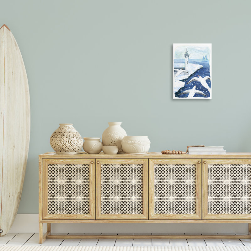 Toile «Snowy Winter Harbor Birds», conception par Hannah Moren, H 24 po x l 16 po
