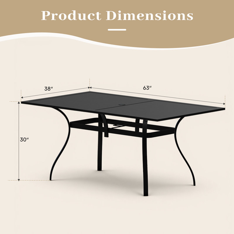 63" Outdoor Patio Dining Table For 6, Rectangular Metal Table With Umbrella Hole, Weather-resistant Slatted Table, Black