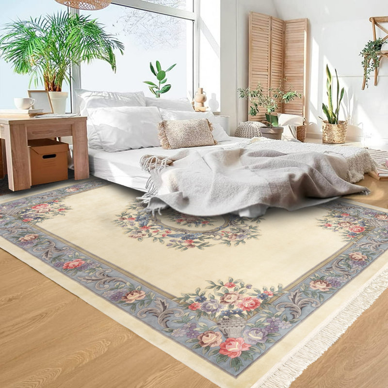 Tapis oriental oriental oriental à motif de médaillon en laine beige et bleu, Rectangulaire 4 pi x 5 pi