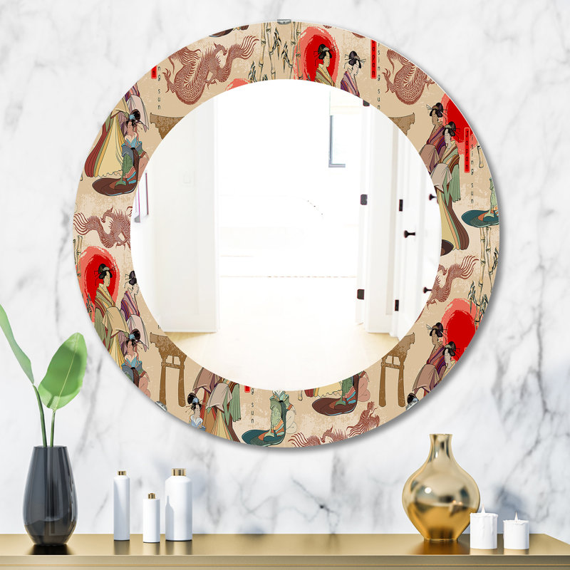 Miroir décoratif bohémien et éclectique japonais Geishas and Dragons, H 31,5 po x l po