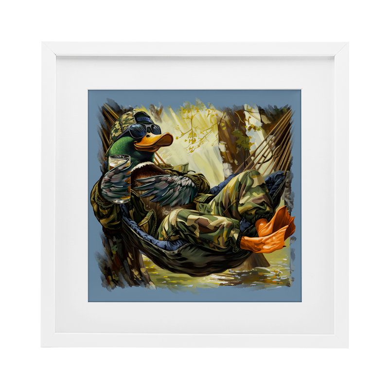 «Mallard Hammock in Camo», reproduction encadrée sous verre, conception de Jim Baldwin, H 13 po x l 13 po, Cadre blanc côtier