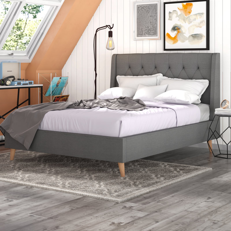 Lit plateforme en tissu d’ameublement Bonner, Double, Beige clair