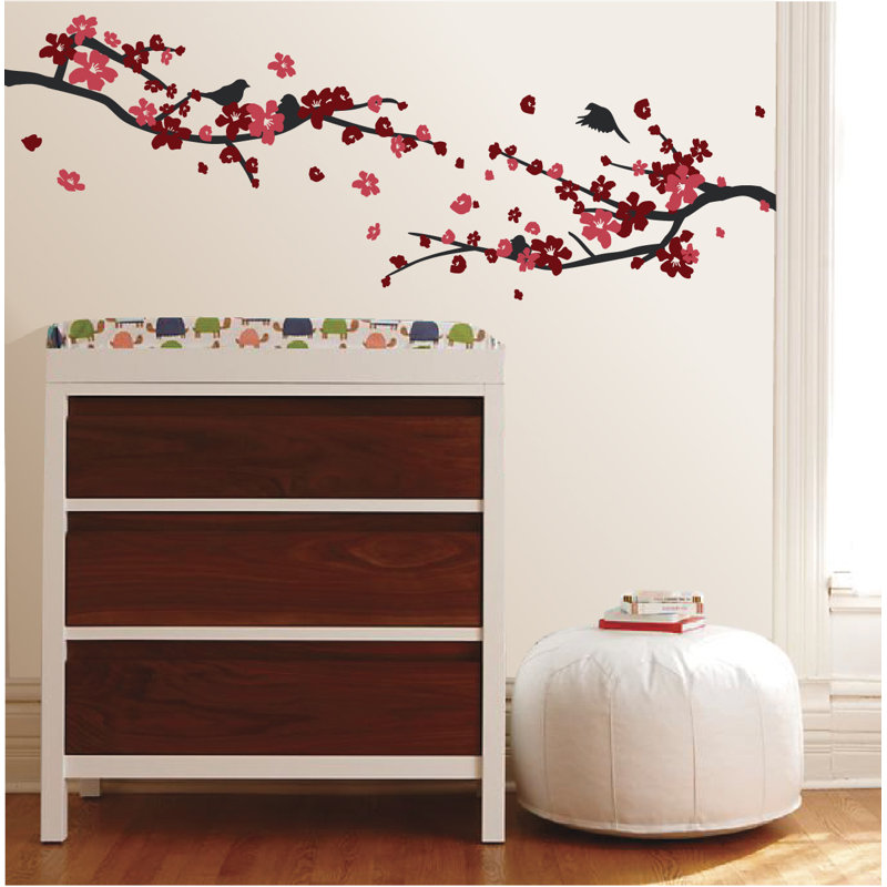 Décalcomanie murale petites fleurs de cerisier, Noir / rouge, H 20 po x l 24 po x P 0,01 po