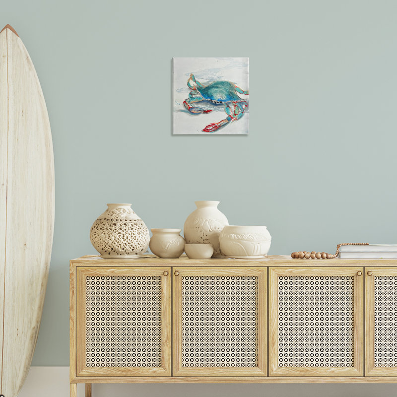 Art mural sur toile crabe bleu avec motifs abstraits, design par Stacy Gresell, H 17 po x l 17 po