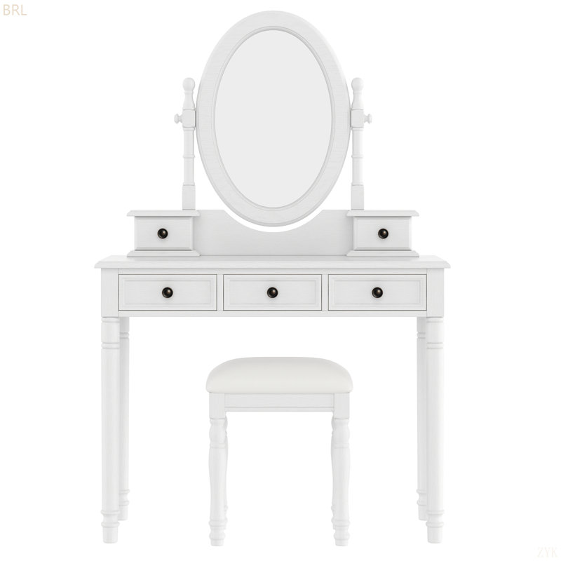 Ensemble de coiffeuse avec miroir à angle réglable, ensemble de coiffeuse et tabouret rembourré avec doublure en velours 5 tiroirs, ensemble de coiffeuse en bois