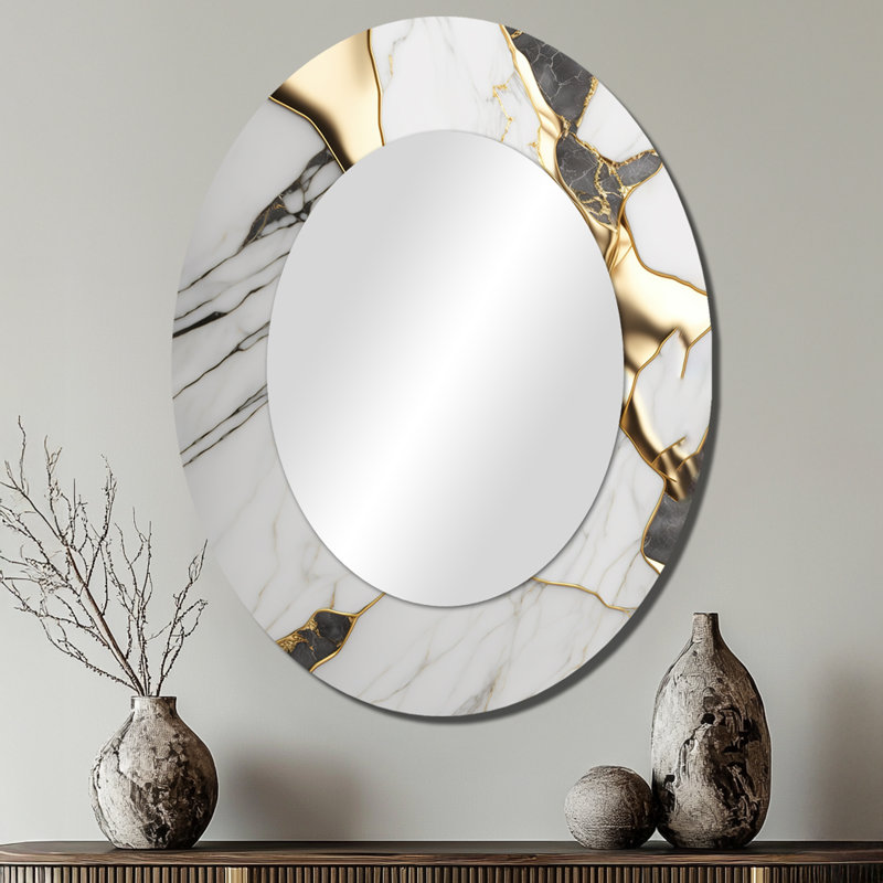 Miroir mural abstrait géométrique en marbre blanc et or I - blanc, 40 po x 30 po