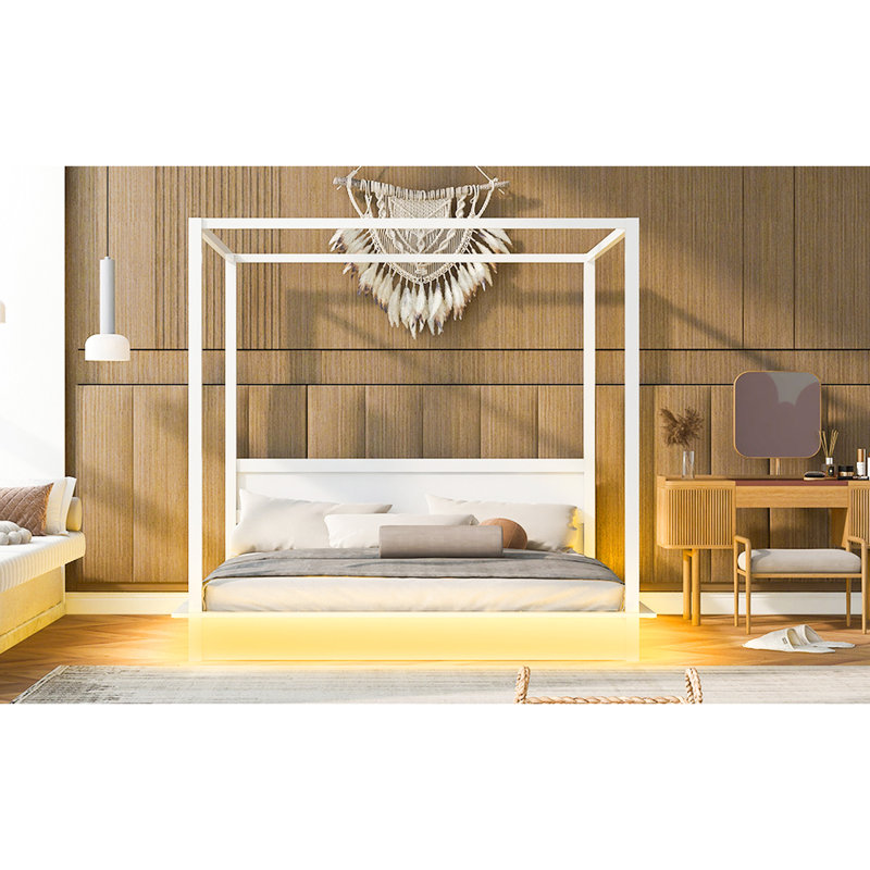 Lit plateforme à baldaquin à DEL blanc pour les chambres à coucher, look moderne, lit sans assemblage, lattes de soutien, installation facile
