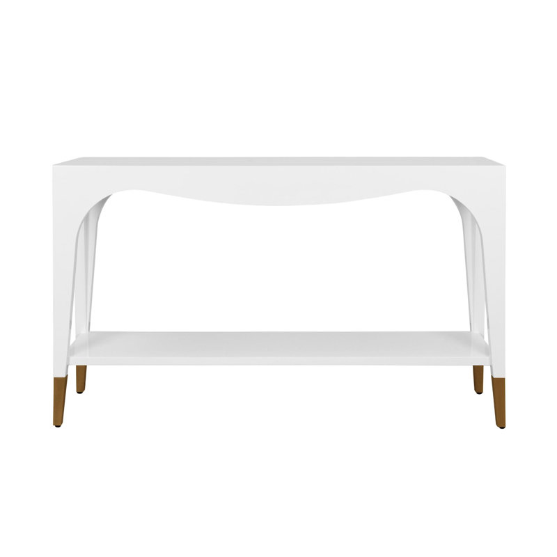 Two Tier Tapered Leg Console With Antique Brass Foot Caps, White Lacquer