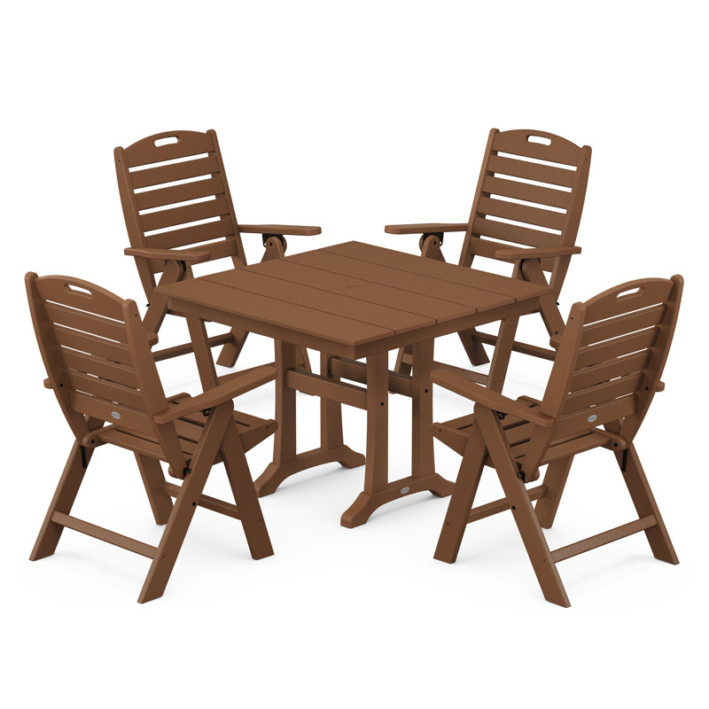 Nautical Folding Highback Chair 5-Piece Farmhouse Trestle Dining Set, Teak