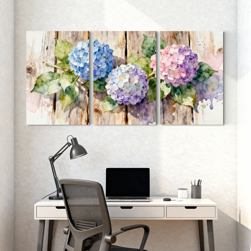 Aquarelle, fleurs d'hortensia sur fond en bois, impression sur toile, ensemble floral (ensemble de 3), H 24 po x l 48 po