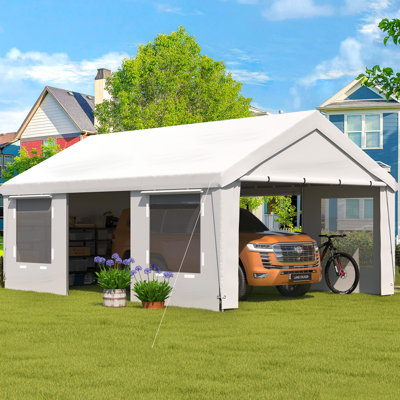 13' X 20' Heavy-duty Portable Garage, Carport With Removable Sidewalls & Roll-up Windows, All-season Carport Shelter For Truck, Boat, Tractor, White