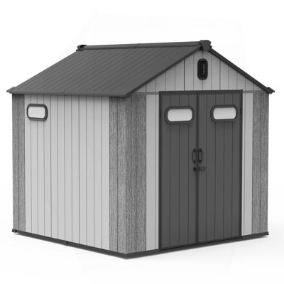 Remise de rangement extérieure en résine 8 x 8 pi avec porte verrouillable, remises extérieures imperméables avec fenêtres et évents, remise en plastique robuste pour les meubles de patio, tondeuse à gazon, vélo