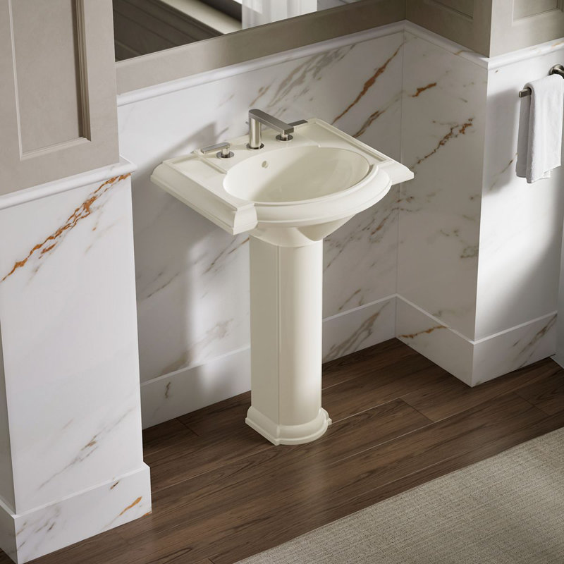 Devonshire Ceramic 25" Pedestal Bathroom Sink with Overflow, Dune, Widespread Faucet