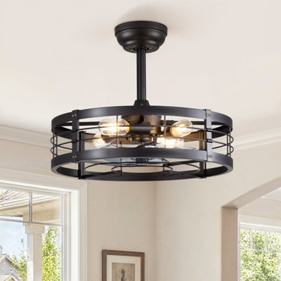 Cissline 20" Stylish Black Caged Ceiling Fan With Remote Control And Light Kit Included