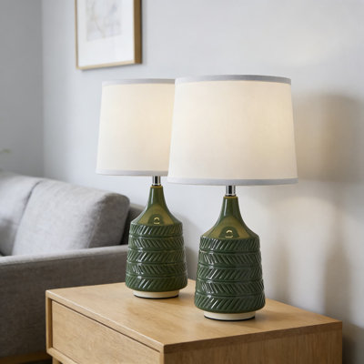 Set Of 2 Modern Ceramic Table Lamps With Linen Shades And Included LED Bulbs, Farmhouse Bedside Lamps For Nightstand, Living Room, Bedroom, And Office Decor