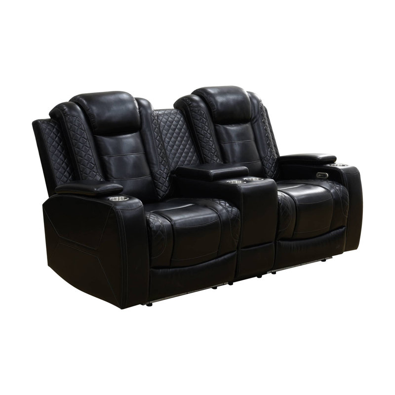 Opal Black Vegan Leather Power Reclining Loveseat With LED Lights,USB Charging, Storage Console And Cup Holders, Black