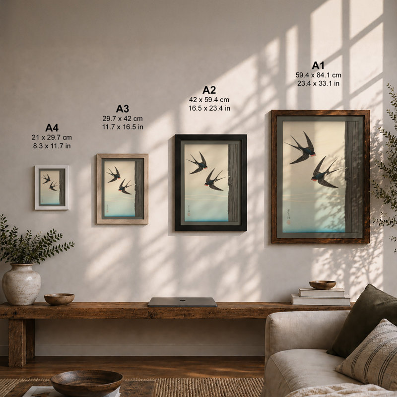 Swallows in Flight Japandi - Framed Print, A3 - 42.0 x 29.7 cm, Black