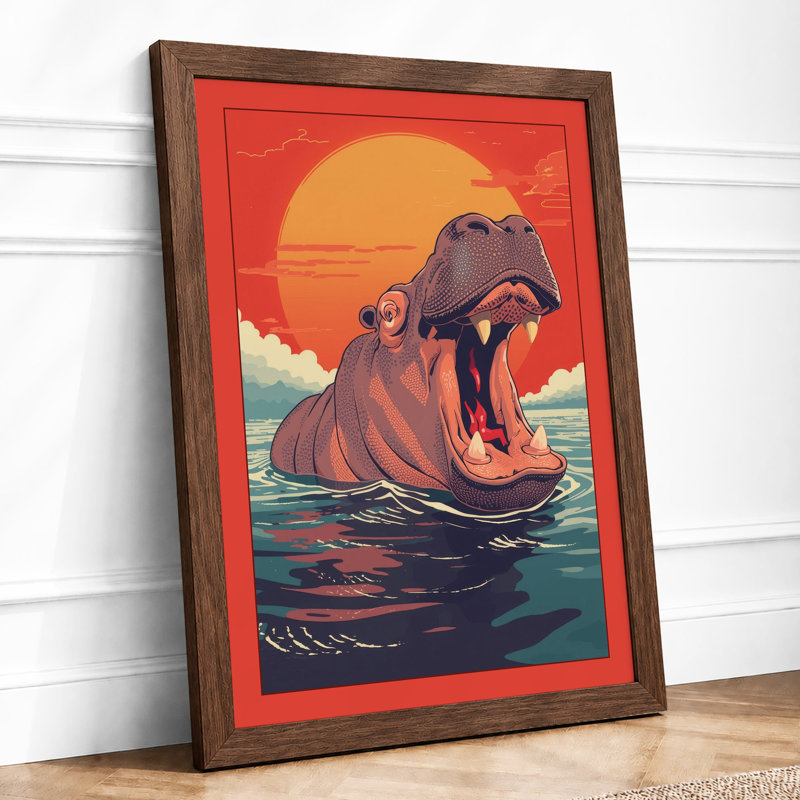 Hippopotamus Rising Retro - Framed Print, A3 - 42.0 x 29.7 cm, Walnut