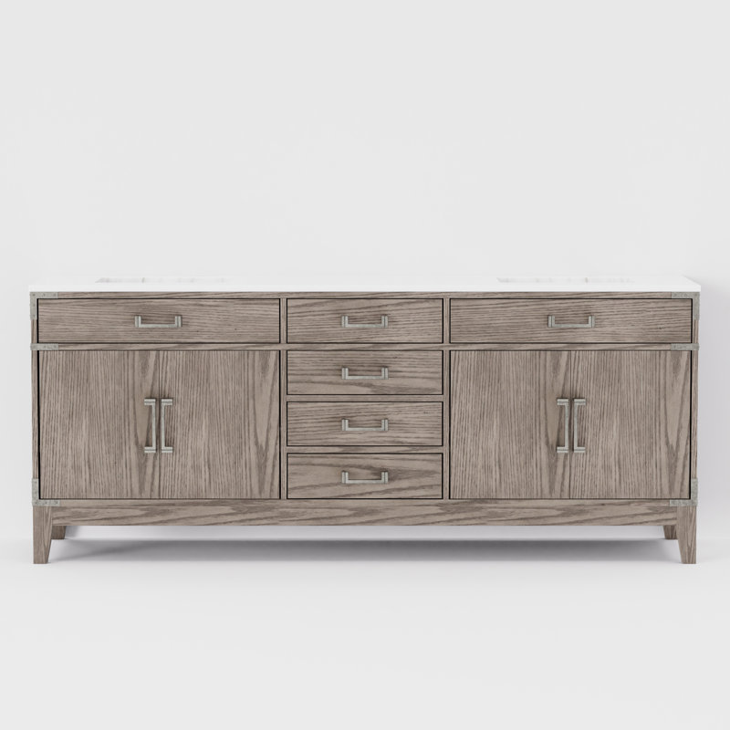 Plateau de meuble-lavabo double l 80 po x P 22 po Laurel, Marbre de Carrare blanc, Chêne gris