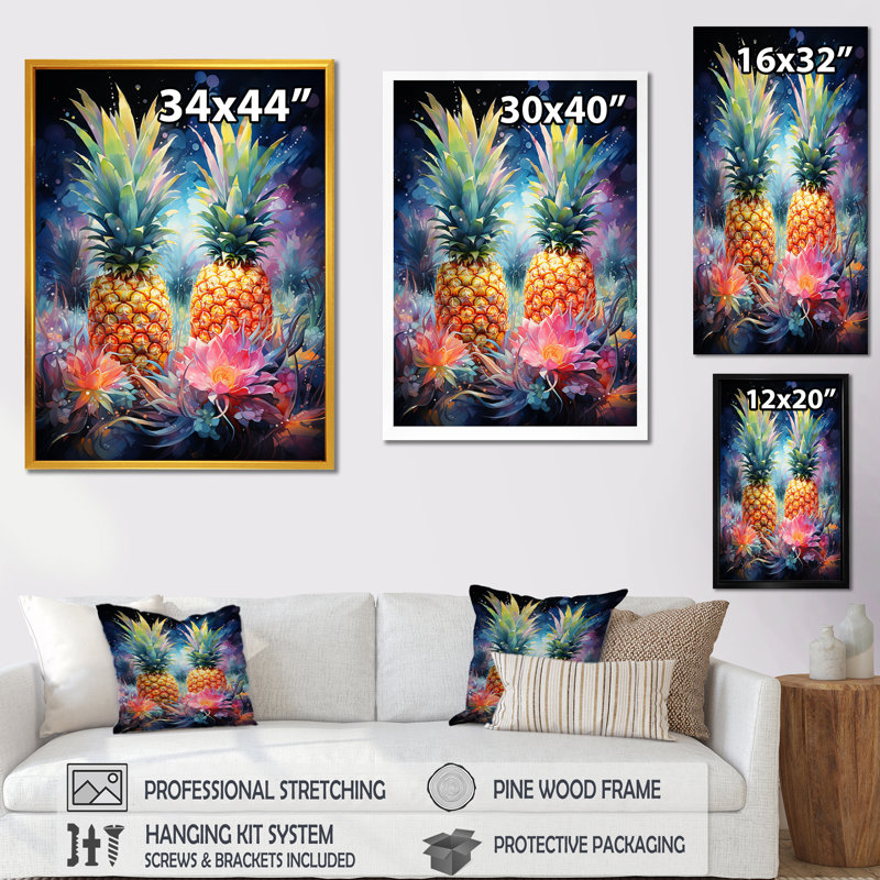 Vert et jaune, ananas cosmique II - ananas, art mural, Cadre flottant brun, 32" H x 16" W