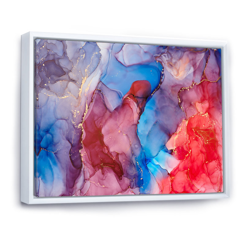 «Blue and Mauve Luxury Abstract Fluid Vii», peinture sur toile, H 30 po x l 40 po x P 1,5 po, Cadre flottant blanc