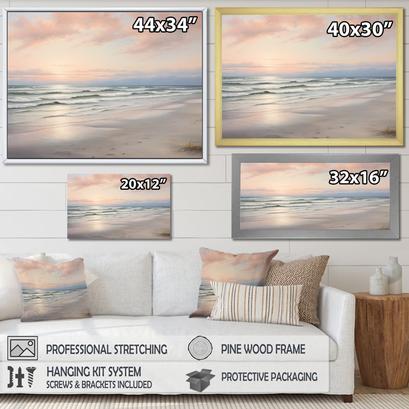 «Beach Serenity Gentle Pink Pastel Sunrise - Coastal Beach», reproduction sur toile, H 34 po x l 44 po x P 1,5 po