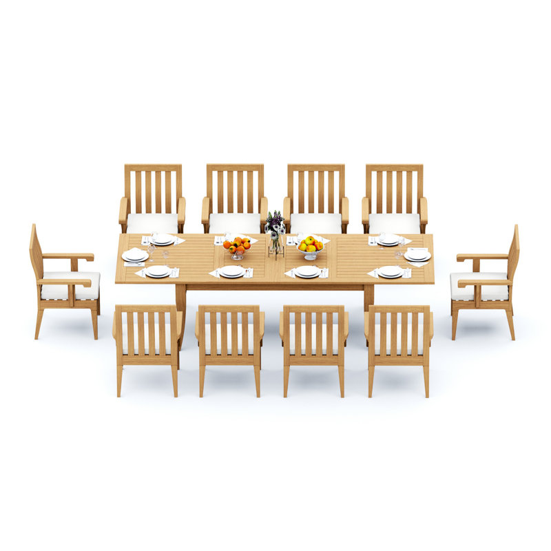 8 Seats 9 Pcs Grade-A Teak Wood Dining Set: 122" Atnas Double Extension Rectangle Table And 8 Caranas Arm Chairs #11Ca2808