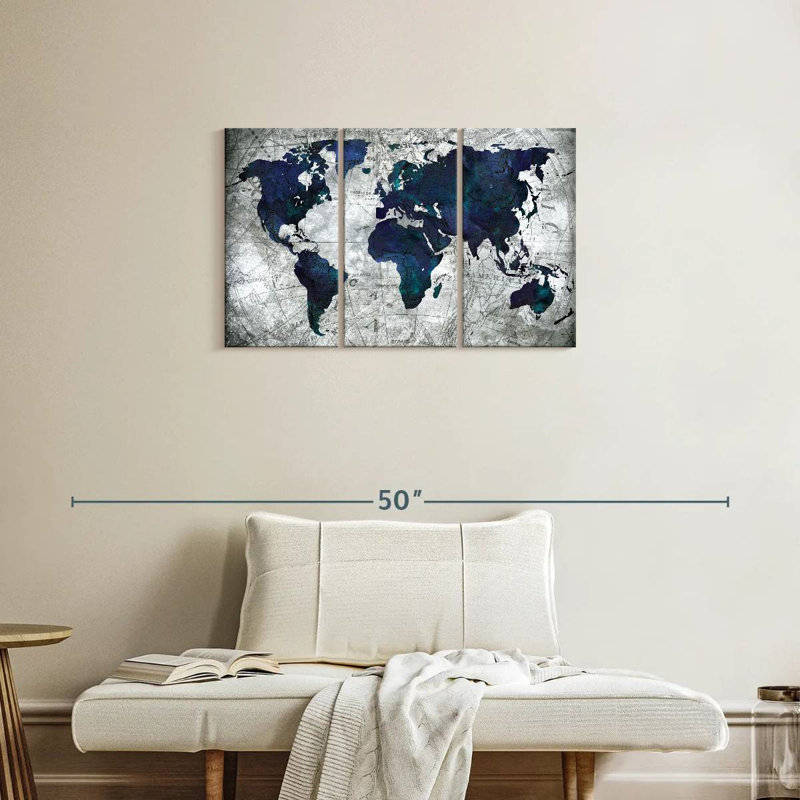Ensemble de carte du monde sur toile 3 pièces, H 20 po x l 33 po x P 1,25 po