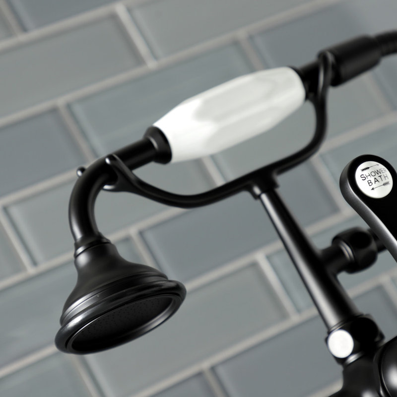 Kingston Brass Aqua Vintage Three-Handle 2-Hole Deck Mount Clawfoot Tub Faucet with Hand Shower, Matte Black