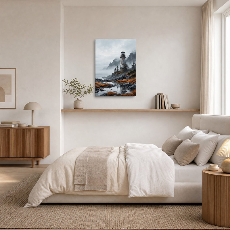 Tableau sur toile représentant un phare patiné sur une côte rocheuse brumeuse, H 40 po x l 28 po