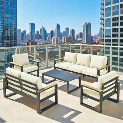 Ensemble de meubles de patio 5 pièces en aluminium ultra résistant aux intempéries, canapé de conversation 7 places avec coussins de dossier beiges extra épais de 10 pouces et table en verre