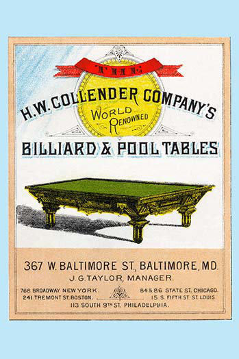 « the h.w. collender company world renown billard & pool tables », affiche rétro, H 66 po x l 44 po