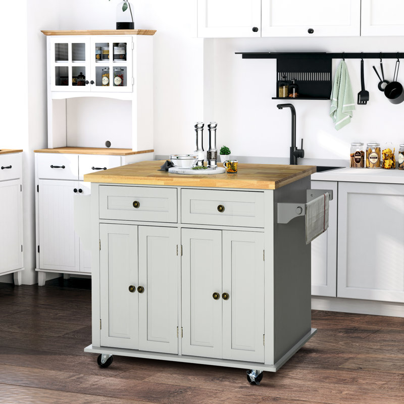 Grey Kitchen Storage Island With Drawers, Cabinets, Rubberwood Countertop, Spice Rack And Towel Bar For Space Optimization Movable Top Color - Organize Your Kitchenware
