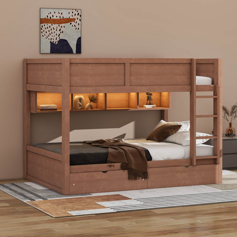 Full XL Over Full XL Bunk Bed With Storage Cabinets, LED Light And 2 Drawers, Brown
