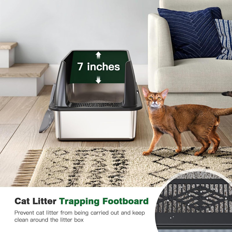 Elfryda Enclosed Litter Box with Scoop, Black/Silver