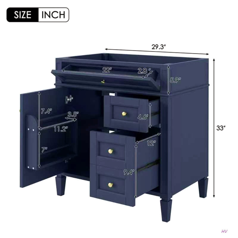 Meuble-lavabo de salle de bain de 30 po sans lavabo supérieur, armoire de rangement moderne avec 2 tiroirs et un tiroir rabattable (BASSIN INCLUS)