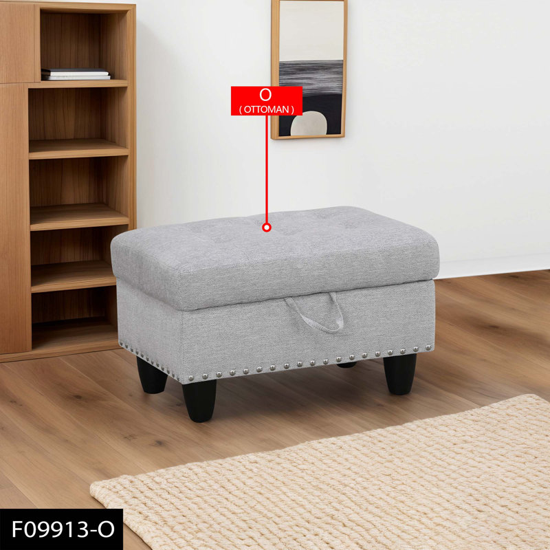 Repose-pieds de rangement en lin capitonné de 28,5 po de largeur avec garniture cloutée - Gris