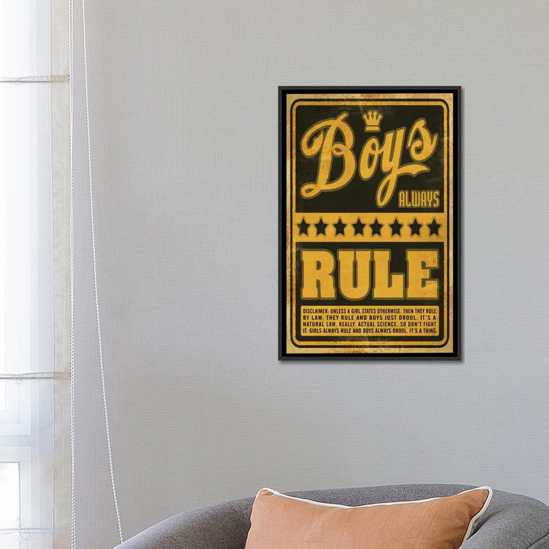 « garçons rule », reproduction d’impression sur toile, H 48 po x l 32 po x P 1,5 po, Toile avec cadre noir, Pas de tapis