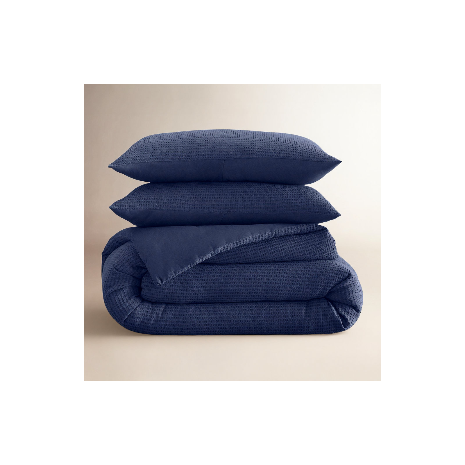 Felix Cotton Waffle Comforter Set, Full / Queen Comforter + 2 Standard Shams, Midnight Navy