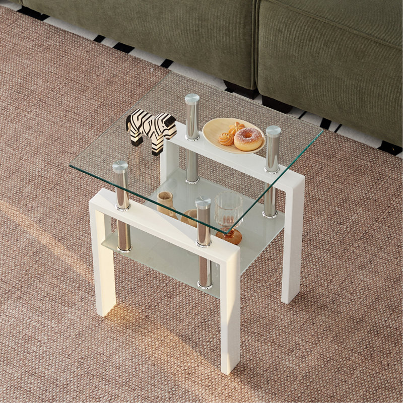 Table de bout en verre trempé blanc 2 pièces, petite table avec rangement à 2 couches, table d'appoint de salon, Clair